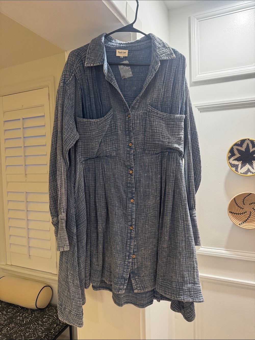 Peach Love California Blue Button-Front Long Sleeve Shirt Dress